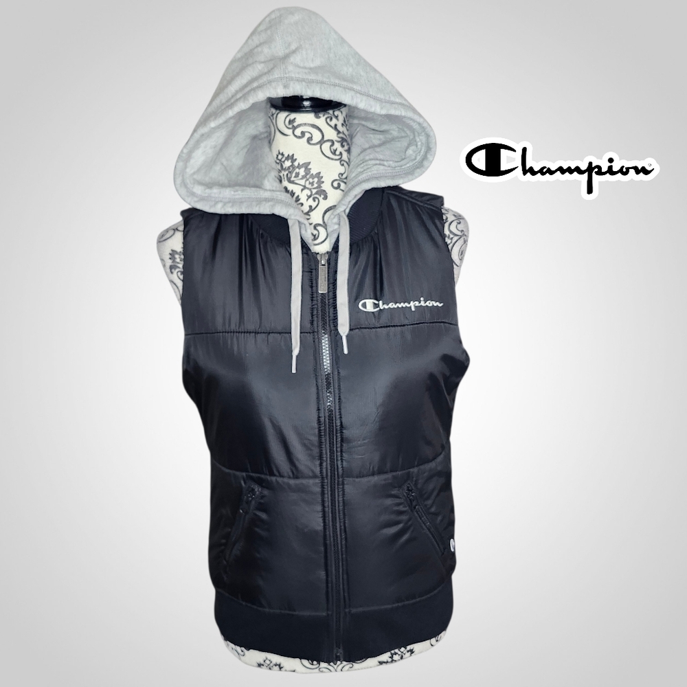 CHAMPION Black Puffer Vest With Gray Hood - XSmall